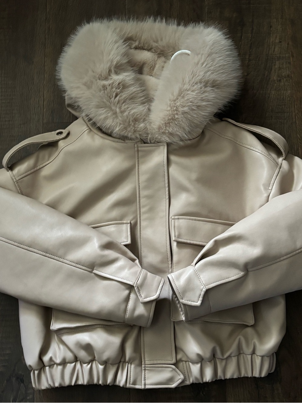 Neutral Faux Leather Bomber Jacket with Plush Fur Hood